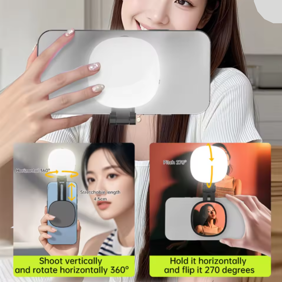 Magnetic LED Selfie Light With Mirror for iPhones and Android Phones