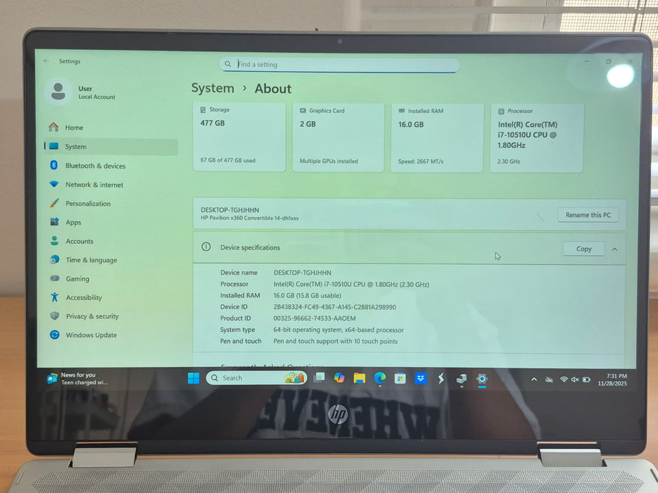 HP Pavilion x360 Convertible - i7-10510U - 16GB DDR4 - 500GB SSD - FHD IPS Touchscreen