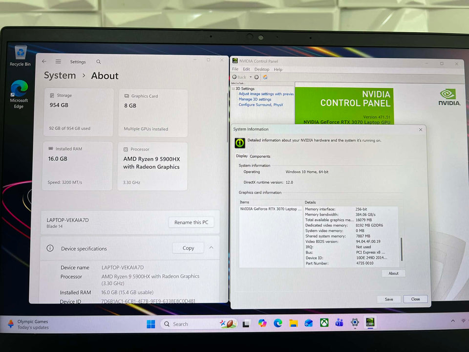 Razer Blade 14 Laptop - Ryzen 9-5900X - RTX 3070 - 16GB RAM - 512GB SSD - 2K 165Hz