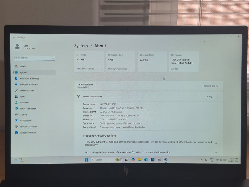 Acer Nitro V 15 - Intel Core i5-13420H - 32GB RAM - 512GB SSD - RTX 4050 - 144Hz