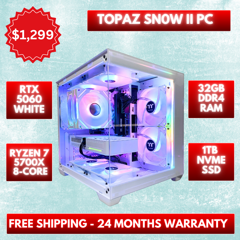 💥PROMOTION💥TOPAZ SNOW II PC - RTX 5060 White - RYZEN 7-5700X - 32GB - 1TB SSD