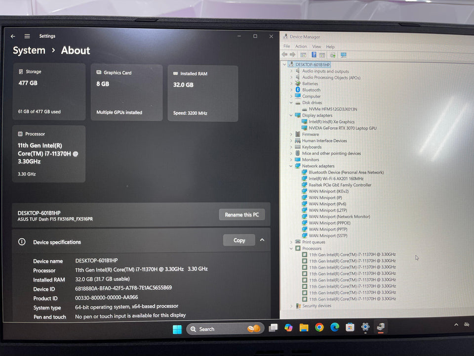(FREE SHIP) Asus TUF Dash Laptop - i7-11370H - 32GB RAM - RTX 3070 - 512GB - 144Hz