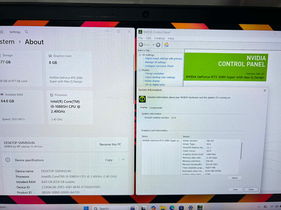 HP Omen Laptop | i9-10885H | RTX 2080 Super | 64GB RAM | 512GB SSD | 144Hz
