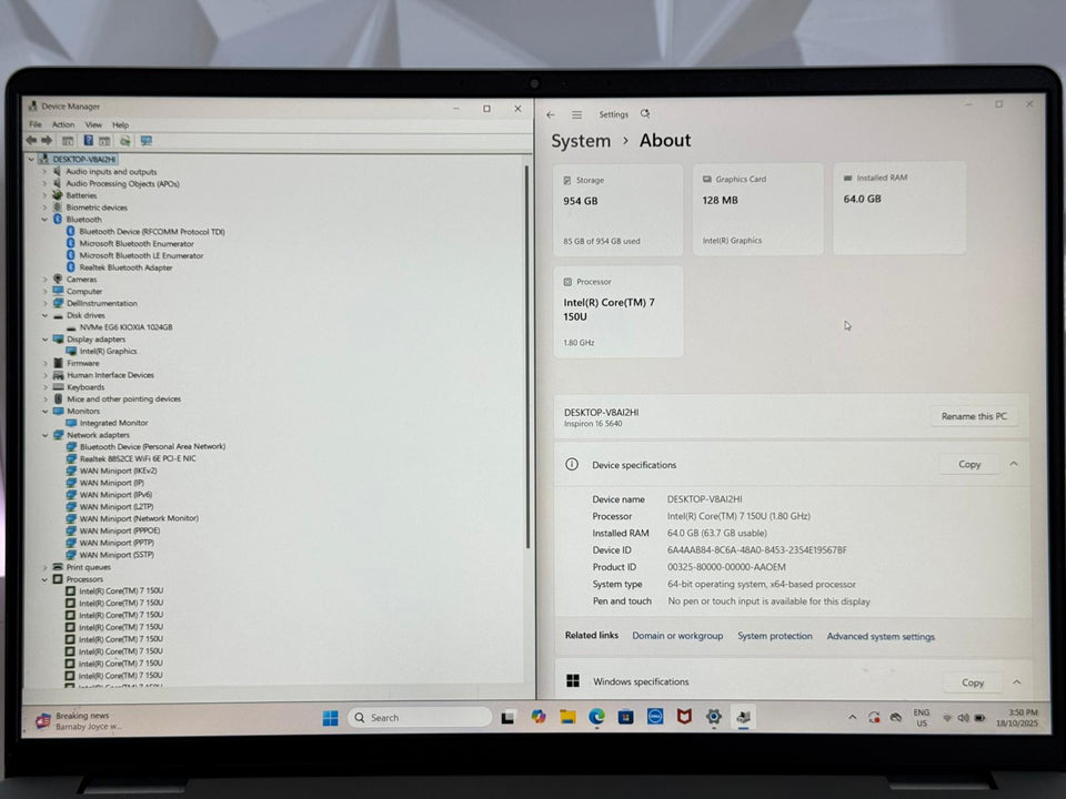 Dell Inspiron 16 Laptop - Ultra 7 150U - 64GB DDR5 RAM - 1TB SSD - FHD IPS - 100% Battery
