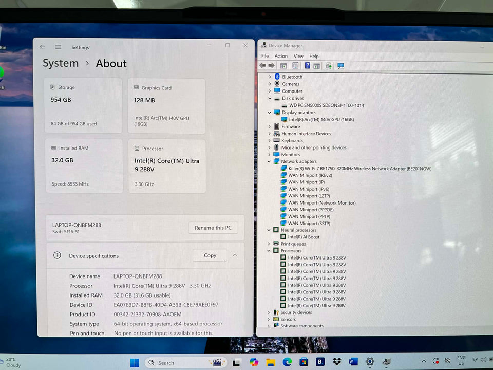 Acer Swift 16 - Ultra 9 288V - 32GB DDR5 RAM - 1TB SSD - 3K OLED 120Hz - 100% Battery