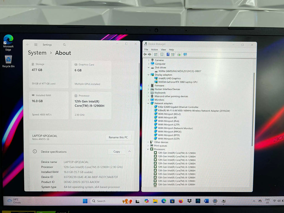 Acer Nitro 5 - i9-12900H - RTX 3060 MaxP - 16GB DDR5 RAM - 512GB SSD - 165Hz FHD