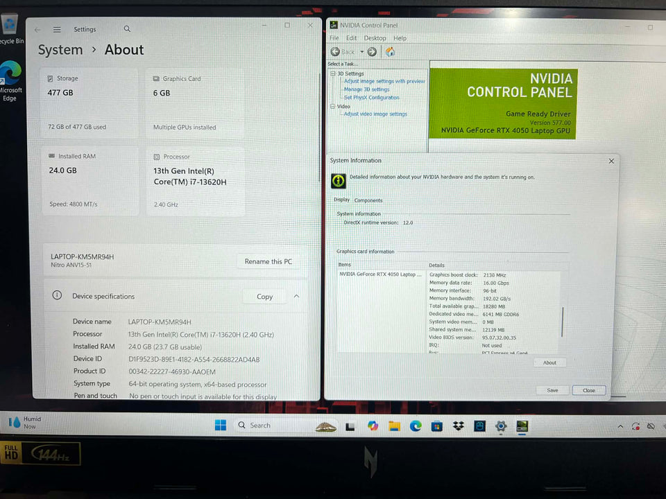 Acer Nitro V Laptop - i7-13620H - RTX 4050 6GB - 24GB DDR5 - 512GB SSD - 144Hz