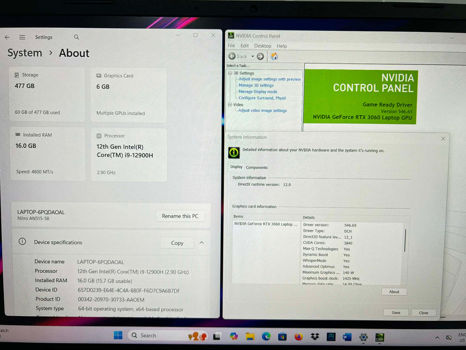 Acer Nitro 5 - i9-12900H - RTX 3060 MaxP - 16GB DDR5 RAM - 512GB SSD - 165Hz FHD